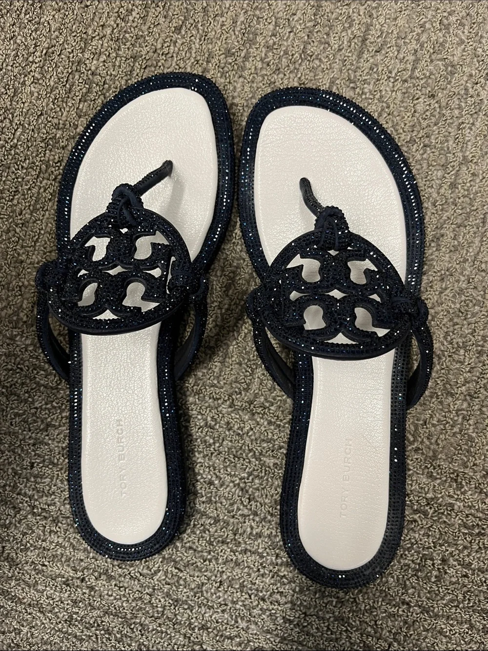 Tory Burch Navy rhinestone Miller Thong Sandals with White Footbed. VG condition